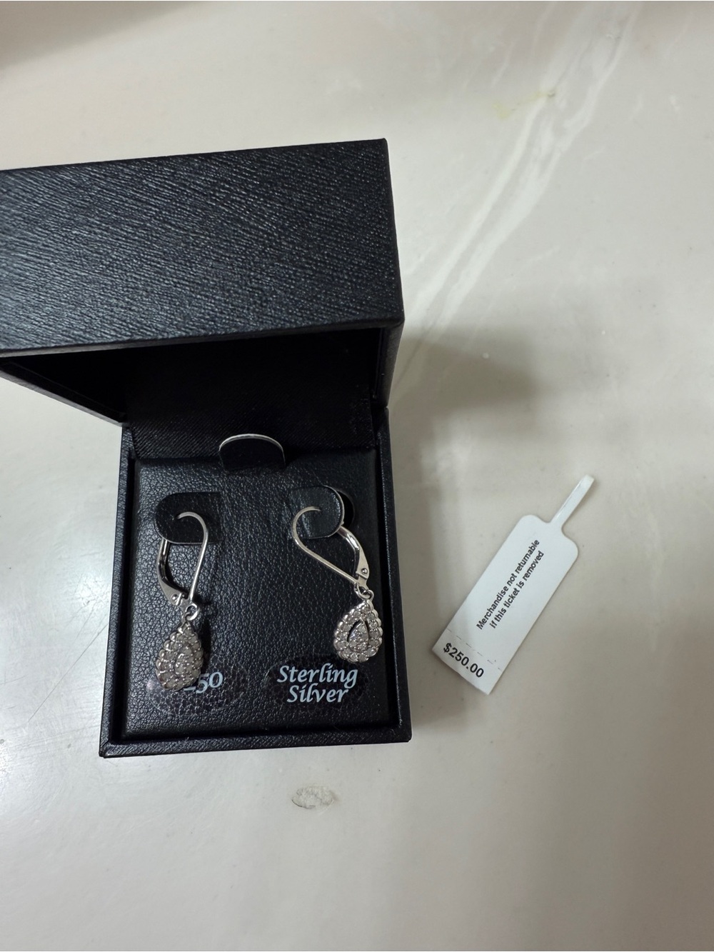 Macy’s Diamond Tear Pear Drop Halo Cluster Leverback Drop Silver Earrings 1/4ct